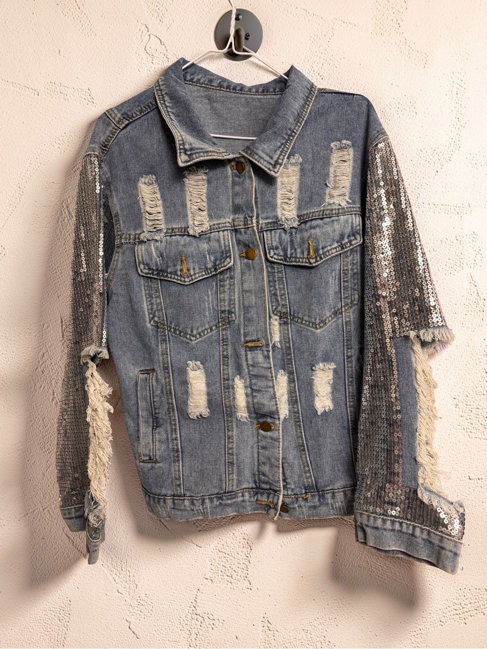 Falmer Heritage Sequin Distressed Denim Y2K Bling Jean Jacket | Size Medium